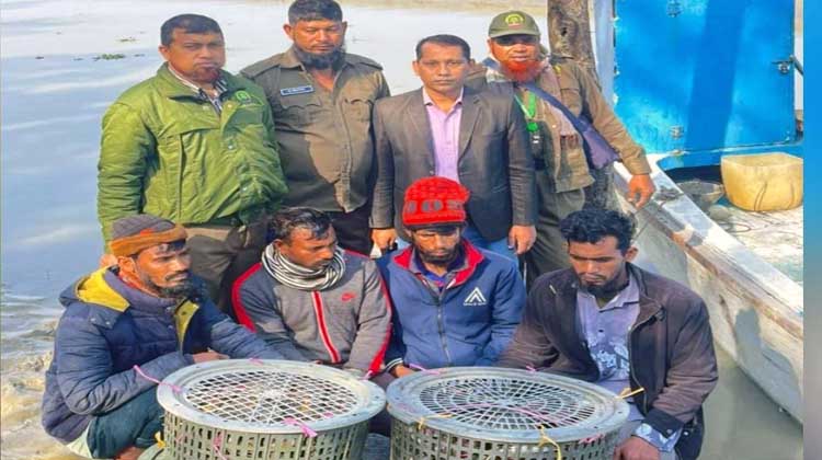 নিষেধাজ্ঞা উপেক্ষা করে কাঁকড়া শিকার, অভিযান চালিয়ে ৪ জন আটক:জব্দ নৌকা ও ট্রলার