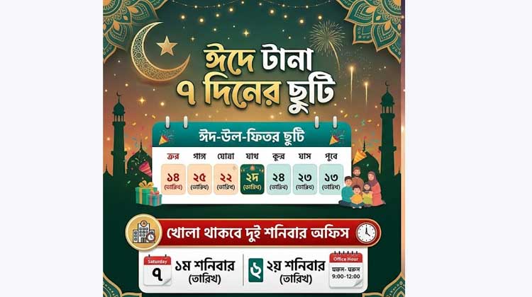 ঈদুল আজহায় টানা ৭ দিনের ছুটি ঘোষণা, বদলে দুই শনিবার খোলা থাকবে অফিস